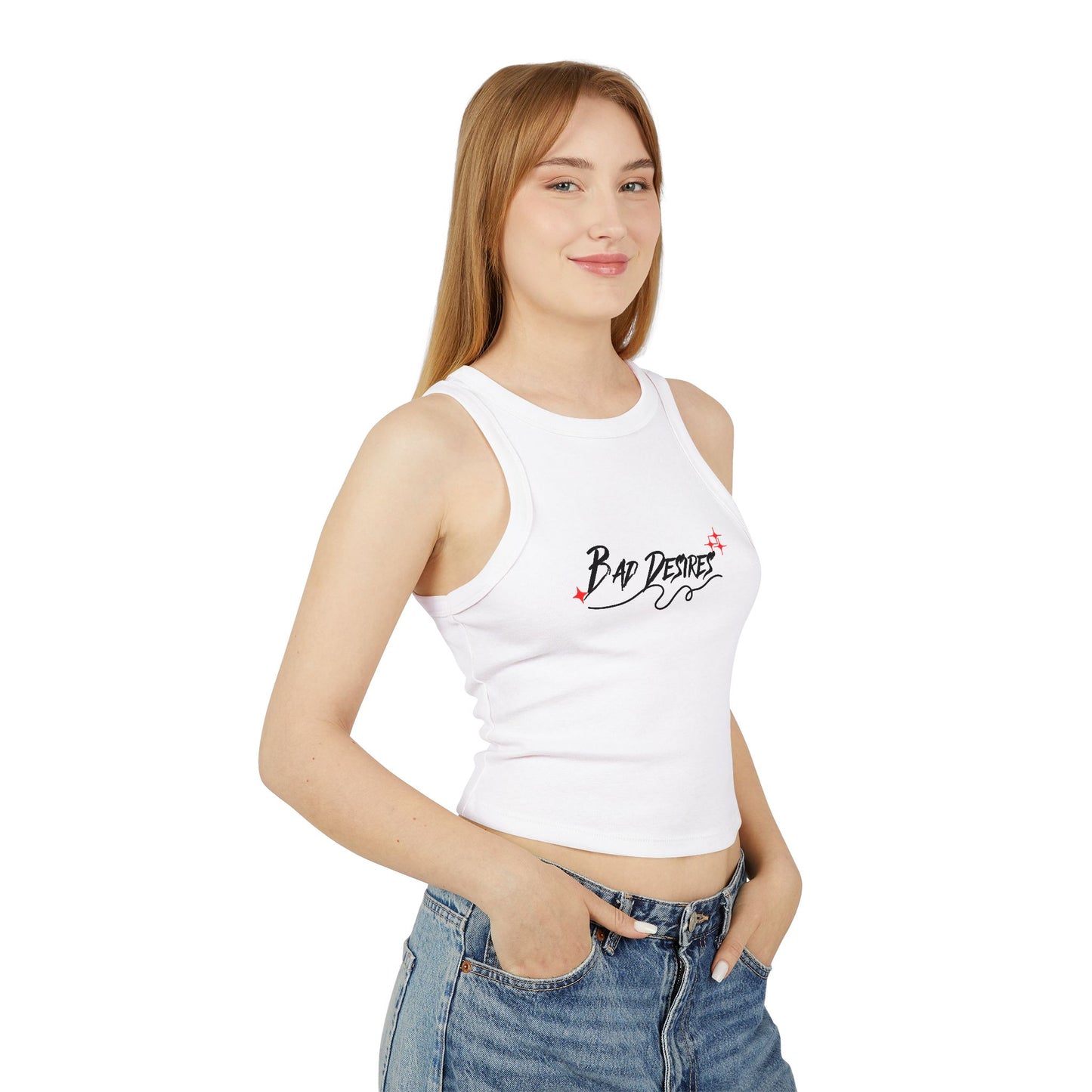 Chic Women's Racer Tank Top - Bad Desires Graphic Tee, Summer Essential, Casual Wear, Gifts for Her, Workout Top