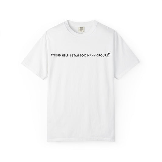 Unisex T-Shirt - "Send Help, I Stan Too Many Groups" - Fun Casual Shirt, Fan Merchandise, Gift for Music Lovers, Everyday Wear, Graphic Tee