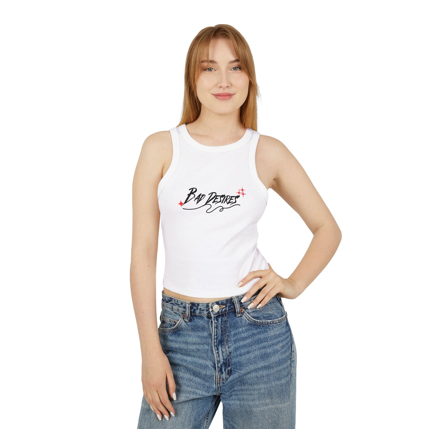 Chic Women's Racer Tank Top - Bad Desires Graphic Tee, Summer Essential, Casual Wear, Gifts for Her, Workout Top